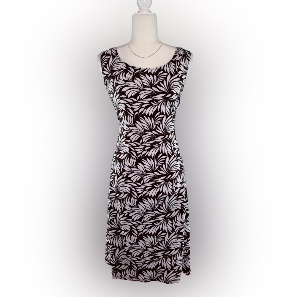 Susan Graver Brown & White Abstract Leaf Print Sleeveless Stretch Dress Size XL